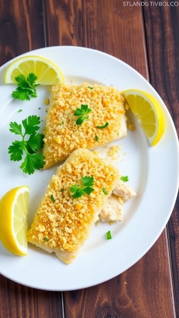 Baked parmesan crusted fish fillets garnished with parsley and lemon wedges on a rustic table.